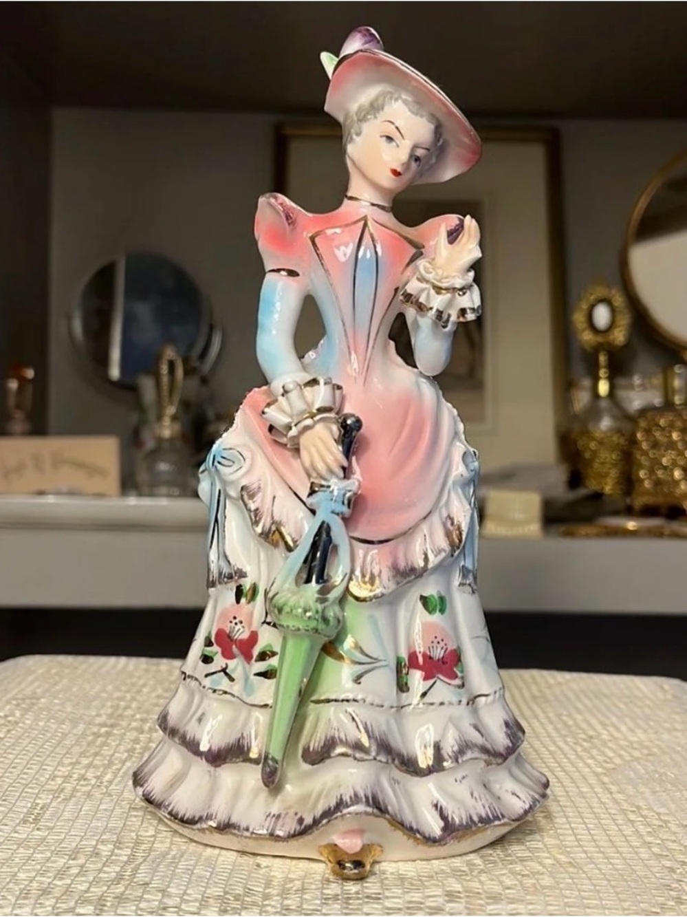 Stamped Porcelain Victorian Lady Figurine in Pink and Pastel Colors